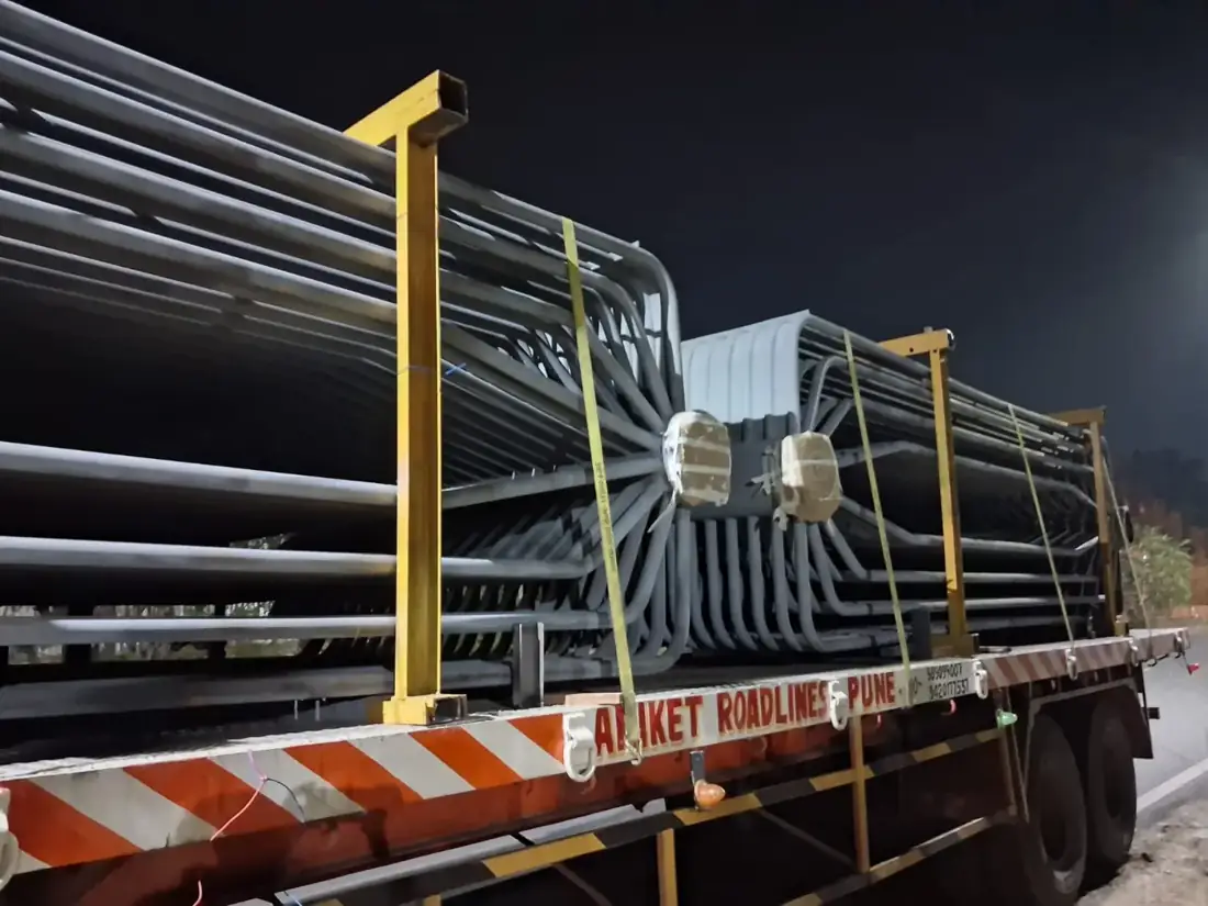 Fabricated material loaded and lashed on a trailer for despatch
